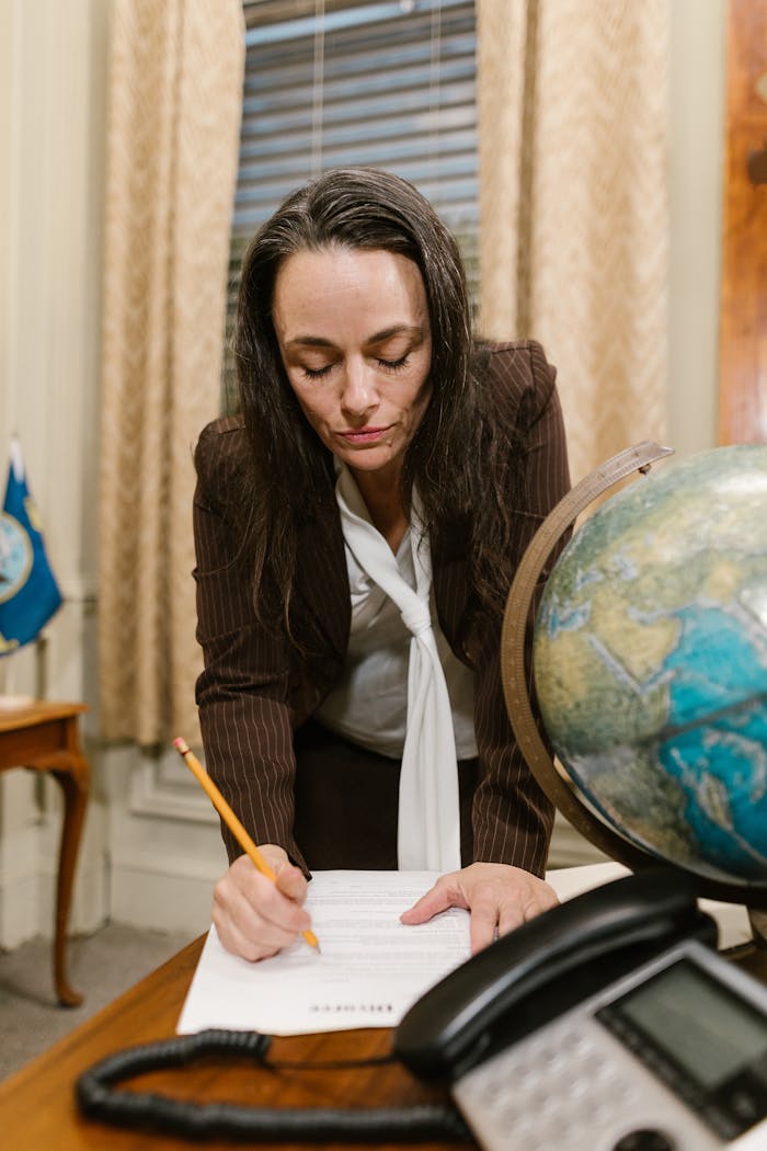 gallery-3 A woman in formal attire writes on documents in an office, symbolizing professionalism and business.