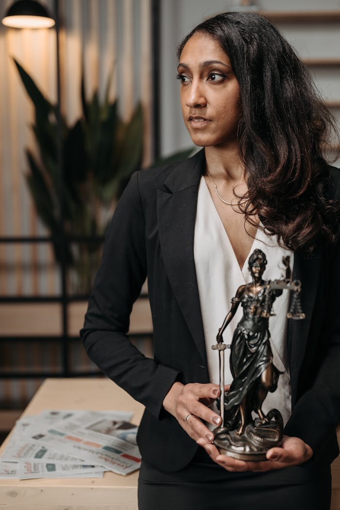 why-choose-us African American lawyer holding a Lady Justice statue in an office setting.